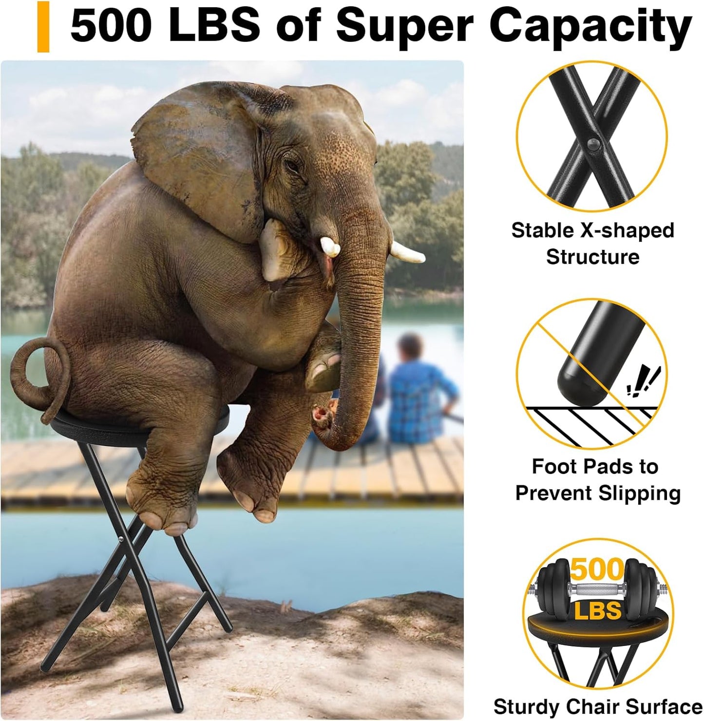 TAVR Furniture Portable Folding Chair with Handle, Heavy Duty Round Fold Stool Chair with 500lbs Capacity for Adults, 18 Inch Foldable Stool for Dorm, Kitchen, Vanity, Church and Outdoor use