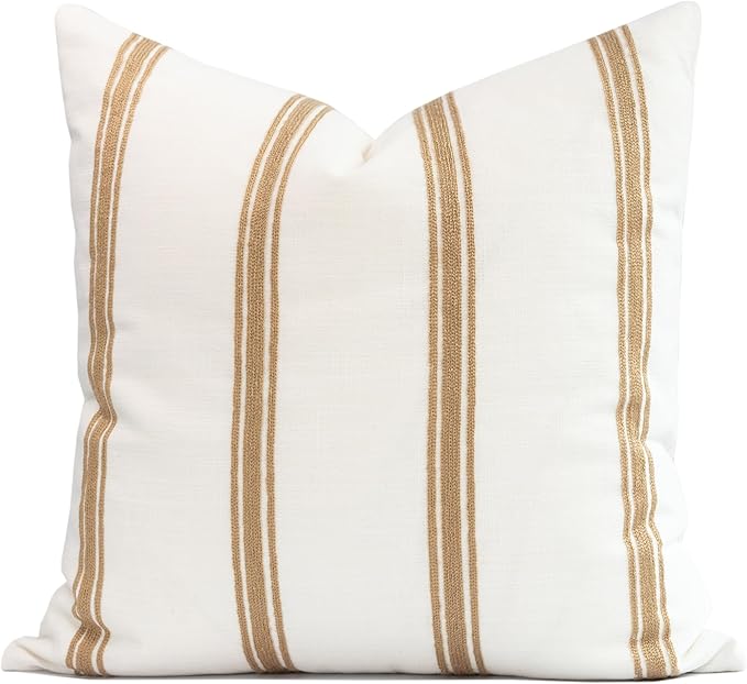 Crumbs Home Modern Farmhouse Fall Linen Indoor Outdoor Throw Pillow Cover Only, 20"x20" Water Repellent for Patio, Backyard, Couch, Neutral Ivory Cream Embroidered Stripes