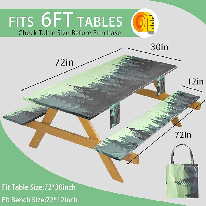 Fitted Waterproof Picnic Table Cover with Bench Covers Elastic Edges Camping Tablecloth for 6 Foot Rectangle Tables Camp Cooking Motorhome Hiking Equipment Car Rv Travel Trailer Needs Gifts