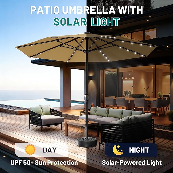 AreShark 11FT Large Patio Umbrella with Solar Lights, Lighted Solar Umbrella with Crank, Outdoor Table Market Umbrellas for Garden, Deck, Backyard, Pool and Beach, Khaki