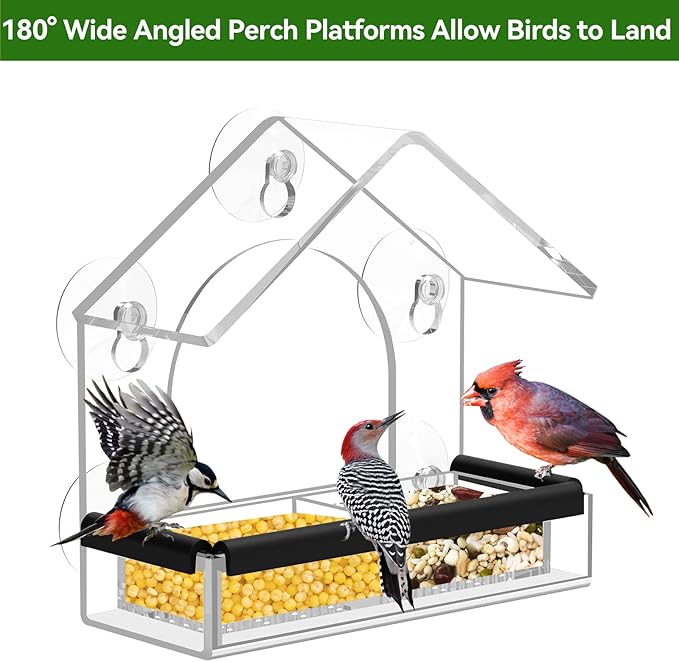 Clear Window Bird Feeder with 5 Extra Strong Suction Cups, DY-SKTY Sturdy and Durable Acrylic Birdfeeders for Viewing Wild Birds Outside, as a Bird Watching Gift, Outdoor Birdhouse Box, Garden Decor