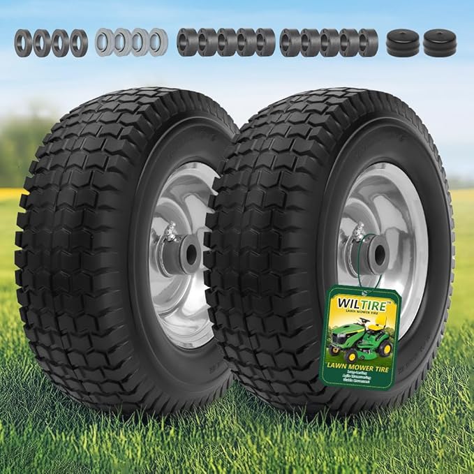13x5.00-6 Flat Free Tire and Wheel Assemblies (2 Pack),13 x 5 x 6 Solid Rubber Tires and Wheel for Riding Lawn Mower - With 3/4" Bushings (Extra 5/8" Bushings) and 3" Centered Hub (Grey)