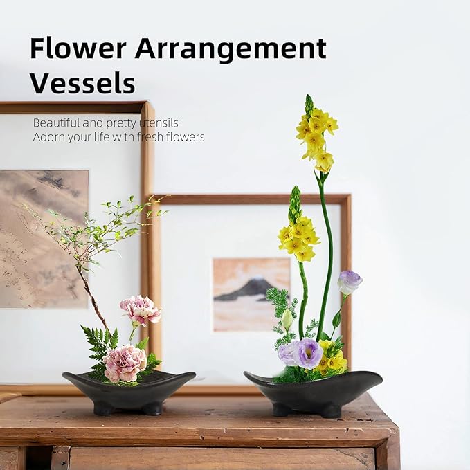 WEOPYCJ Japanese Flower Vase Bowl Ikebana, Black Shallow Arrangement Container with 1.69 in Floral Frog Floristry Kenzan and Needle Straightening Tool