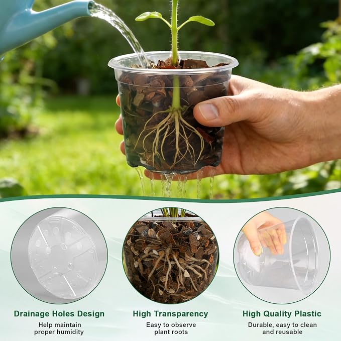 OUPSAUI 35 Pack 4/6/8/10/12 Inch Clear Nursery Pots with Drainage Hole, Clear Large Plastic Pots for Plants, Transparent Variety Seedling Planter for Vegetable Flowers Fruits