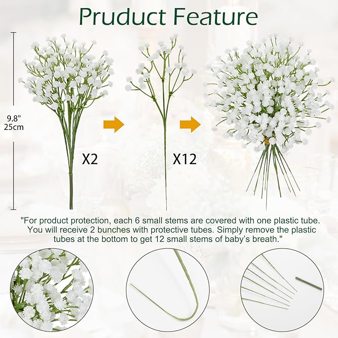 DILATATA Baby's Breath Artificial Flowers Bulk 12 pcs Faux Baby Breath Plastic Flower Fake Gypsophila Flower Arrangement for Crafts Fake Flowers Bouquet for Wedding Centerpieces White Baby Breath