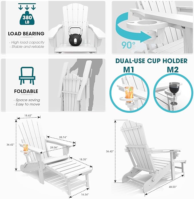 THOEOE Folding Adjustable Adirondack Chairs with Ottoman & 1 Cup Holders, HDEP Multifunctional Adirondack Chair with Footrest,White