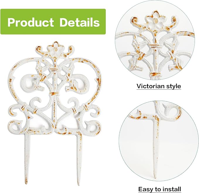 Sungmor Decorative Cast Iron Garden Edging, 4 Pack Rustic White Victorian Garden Edging Landscape Border, Vintage Metal Yard Stake Low Picket Fence, 11.8" Tall Outdoor Flower Bed Lawn Fence Panels