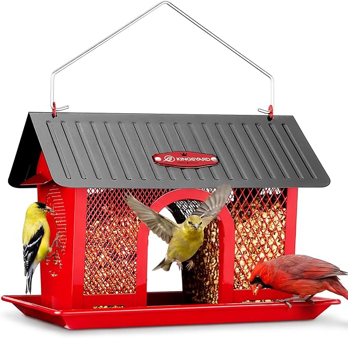 Kingsyard Bird Feeder for Outdoors Hanging, Dual-Use Metal Mesh Wild Bird Feeders with Seed Tray & Weatherproof Roof, 3 lbs Large Capacity, Red