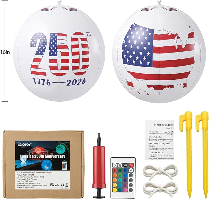 2 Pack Solar Floating Pool Lights 16", America 250th Anniversary Decorations, Patriotic Light Up Inflatable Beach Balls with Remote, Color Changing IP68 Waterproof Pool Decor for 4th of July Party