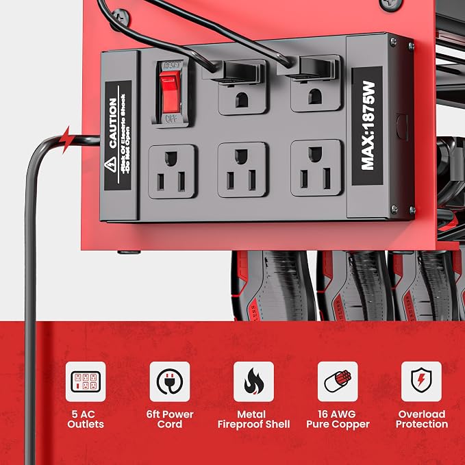 MOOMSINE Power Tool Organizer Wall Mount with Charging Station, Heavy Duty Metal Tool Storage with 5 Outlets, Cordless Drill and Battery Holder for Garage and Workshop Organization, Red