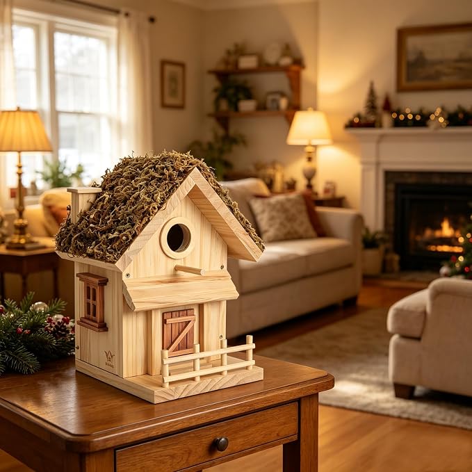 Bird Houses for Outside – Bird House Kits, DIY for Adults & Kids, 1.5" Entrance, Premium Pine, Moss Roof, Bark Siding, Side-Opening Door, Easy Clean,Family Craft for Garden,Backyard or Patio