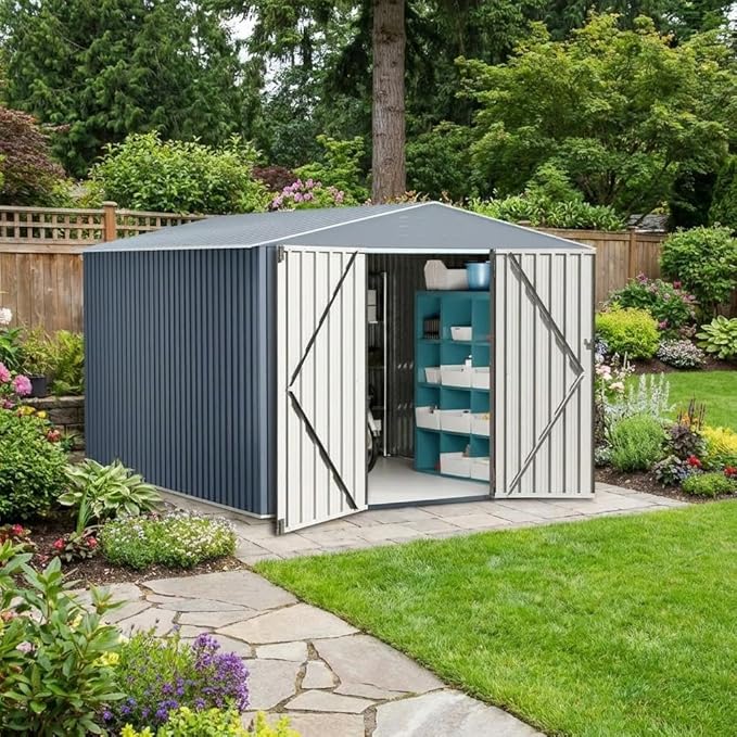 Garvee 8x12ft Metal Shed, Outdoor Garden Tool Storage Shed with Lockable Doors, Large Metal Shed with Sturdy Frame Structure, for Backyard, Patio, Lawn, Grey