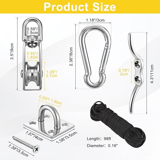 2 Sets M32 Cable Pulley System for Lifting Hanging, Including Heavy Duty Stainless Steel Single Pulley Block with 66FT Nylon Rope, Snap Hooks, Eye Pad Plate, Rope Cleat Hook, Loading 551lb