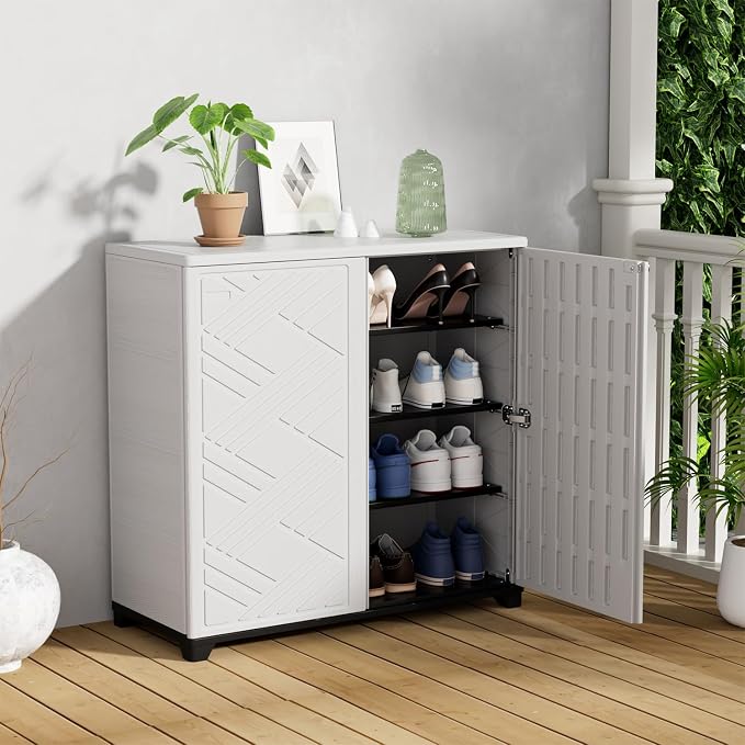 KINYING Outdoor Storage Cabinet Waterproof, 60 Gallon Resin Outdoor Storage Shed for Patio/Garden/Backyard, Outdoor Storage Box for Cushions,Garden Tools and Pool Supplies(White W/O Shelving)