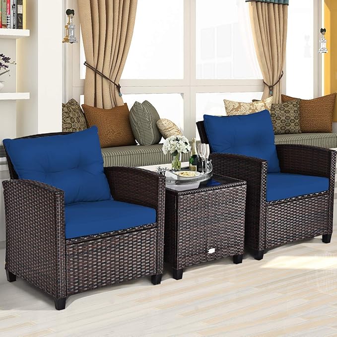 COSTWAY 3PCS Patio Furniture Set, PE Rattan Wicker Sofa w/Washable Cushion and Coffee Table, Tempered Glass Tabletop, Outdoor Conversation Set for Balcony, Porch, Yard, Backyard, Lawn, Navy Blue