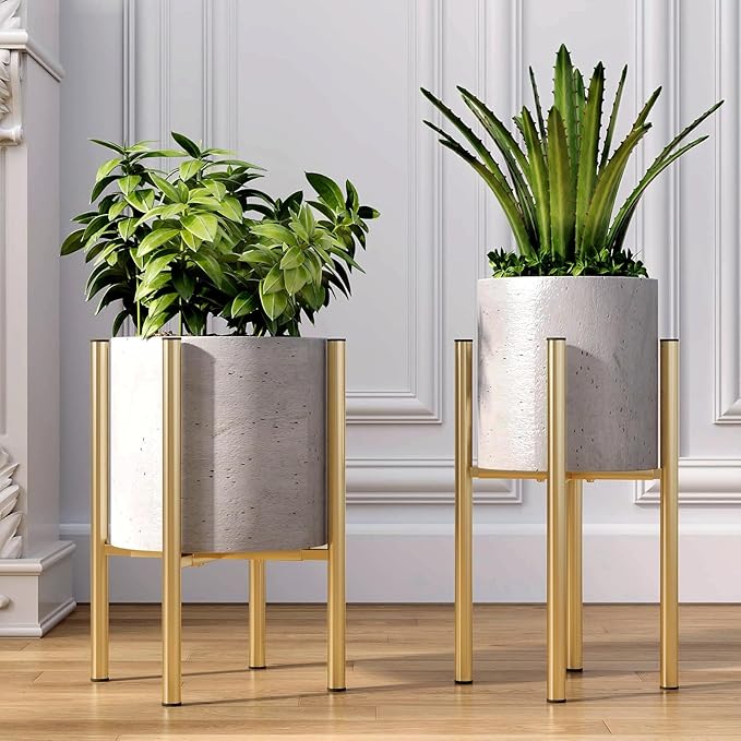 Adjustable Metal Plant Stand Indoor, Fits 8-14 Inch Pots, Mid Century Modern Gold Planter Holder,2 Heights, Heavy Duty 160 lb, Indoor Outdoor Corner Floor Pot Stand, Golden 2 Pack