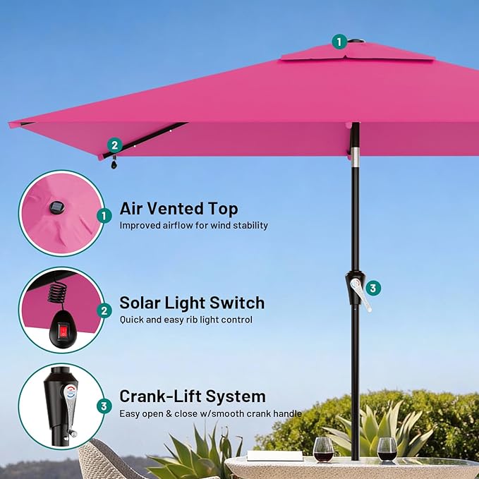 AreShark 6.5' x 10' Rectangular Patio Umbrella with Solar Lights, Solar Powered Lighted Market Umbrella w/Tilt and Crank, Outdoor Table Umbrella for Garden, Deck, Backyard, Pool and Beach, Rose Pink