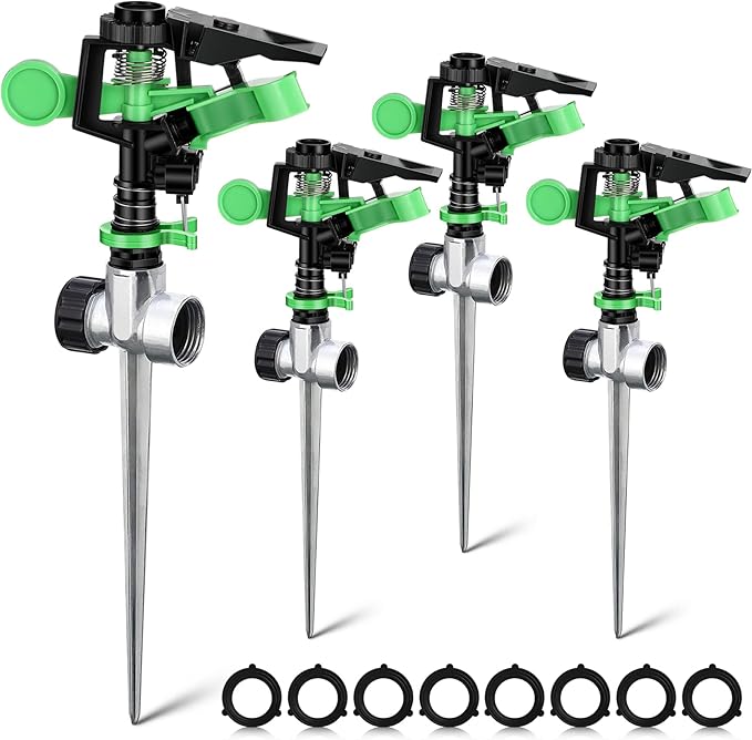 Chengu 4 Pcs Impact Lawn Sprinkler for Yard Heavy Duty Water Plastic Sprinkler Head with Zinc Alloy Spike Base Adjustable 360 Degree Pulsating Sprinklers for Large Area Yard Lawn Garden Irrigation