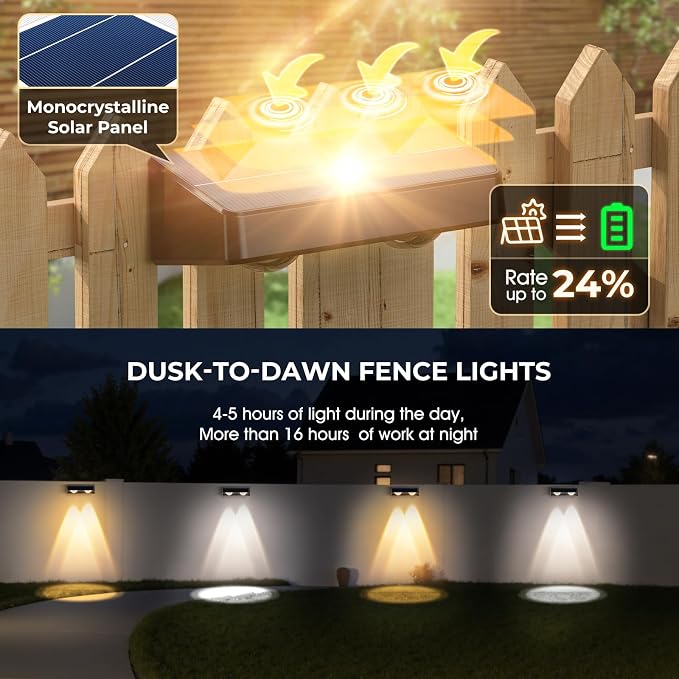 Fence Lights Solar Powered, Led Solar Fence Lights Outdoor IP65 Waterproof, Warm/Cool White and RGB Colors Changing Solar Wall Lights for Garage Backyard Railing Step Patio Pool - 8Pack