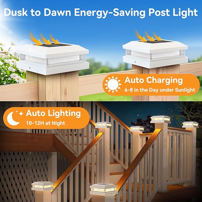 Brightever 4x4 Solar Post Cap Lights Outdoor, Waterproof 16LEDs Solar Powered Deck Post Light with Warm White/Cool White, Solar Fence Lights for 5x5 Wooden/Vinyl Post in Garden, Patio, Porch, 6 Pack
