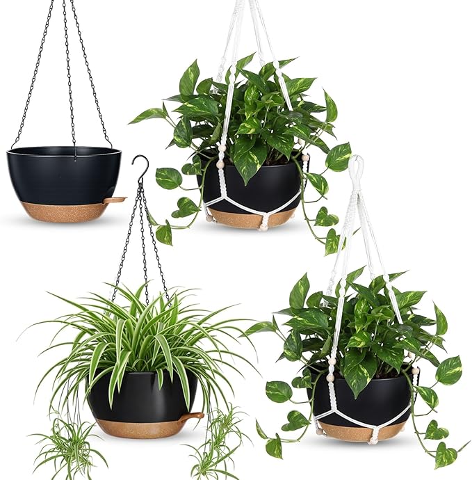 Sliner Set of 4-12 Inch Self Watering Hanging Planters Includes Hanging Pots and Outdoor Hanger Plant Pots with Drainage Holes 2 Types of Hanger Basket Hooks for Patio Garden(Black Brown)