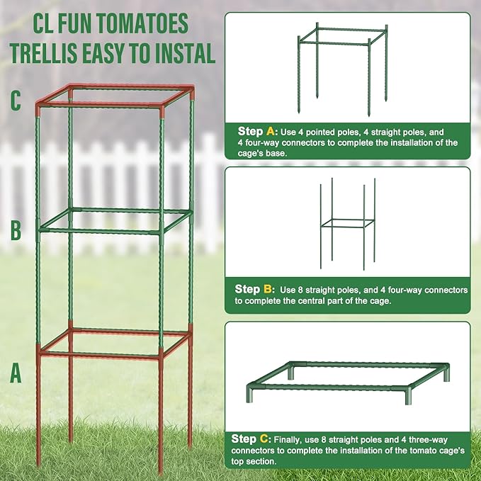 Square Tomato Cages for Garden: 3 Pack Heavy Duty Plant Cage - 48.5in Adjustable Height Tomato Plant Support cage for Flowers, Fruits, Vegetable