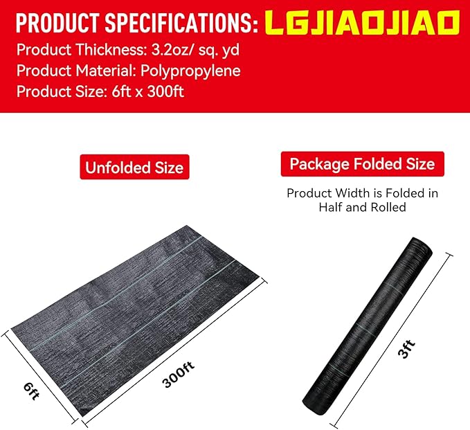 3.2oz-6ftx300ft Weed Barrier Landscape Fabric Heavy Duty, Weed Block Gardening Ground Cover Mat, Weed Control Garden Cloth, Woven Geotextile Fabric for Underlayment, Commercial Driveway Fabric