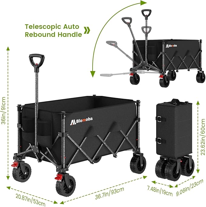 Blomoba Folding Wagon Cart with Wheels, 180L 330LBS Heavy Duty Utility Wagon, Beach Wagon with All-Terrain Wheels, Portable Grocery Wagons for Camping, Shopping, Garden, Sports, Black