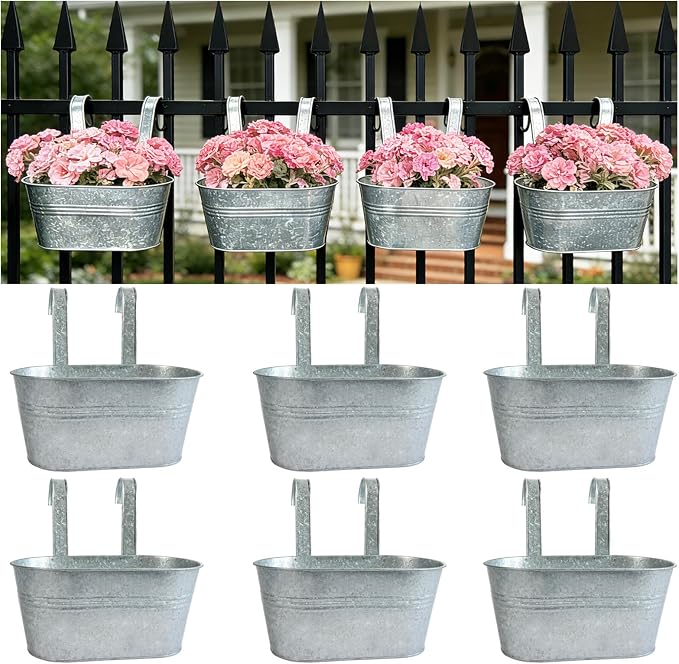 Balcony Galvanized Hanging Planters Railing Flower Pots, Outdoor Metal Fence Planter Pot with Detachable Hooks Drain Hole for Garden Patio Yard Decor (10 Inch, 6Pcs)