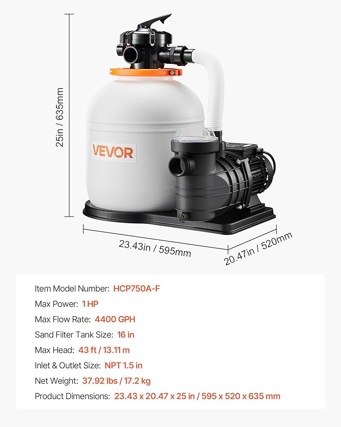 VEVOR FlashPure Sand Filter Pump, 16 in for Above Ground Pool, 1 HP 4400 GPH, Swimming Pool Filter System with Timer, 6X Faster Filtration with Media Installed, Leak-Resistant, Ready to Use Out of Box