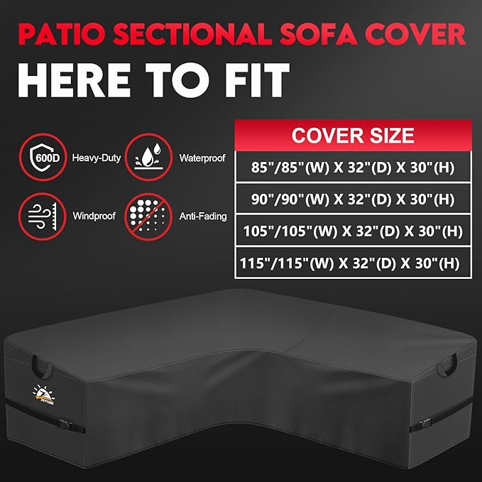 Zettum Outdoor V-Shaped Sectional Cover - 600D Patio Sectional Sofa Cover, Waterproof & Heavy Duty Patio Furniture Covers for Outdoor Sectional Sofa and Couch, 90x90 Inch Wide