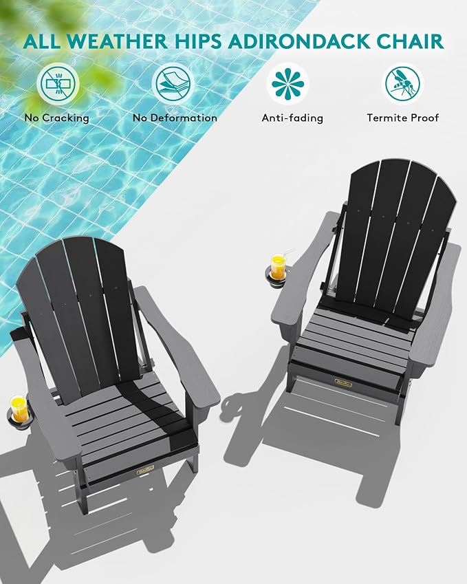 SERWALL Folding Adirondack Chair with Cup Holder Set of 6, Weather Resistant HIPS Lawn Chairs, Wooden Textured, Fire Pit Chairs for Backyard, Garden, Fire Pit- Gray
