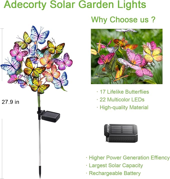 Adecorty Solar Garden Lights Outdoor Waterproof Decorative Solar Lights Outdoor 2 Pack with 44 LED 34 Butterfly Flower Garden Decor Yard Patio Lawn, Gifts for Mother's Day Mom Women