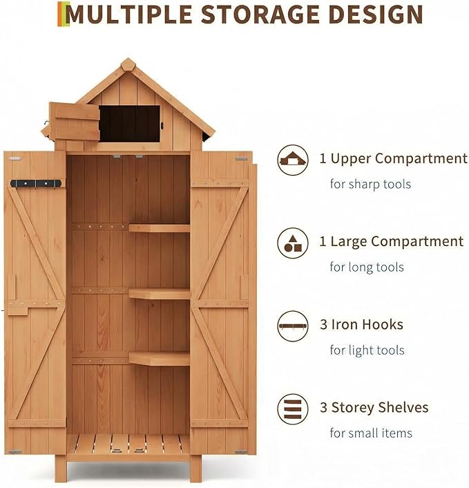 70" Tall Outdoor Storage Shed, Wooden Garden Storage Cabinet with Shelves, Waterproof Vertical Tool Storage Organizer with Lockable Doors for Patio, Backyard, Lawn Equipment & Yard Supplies