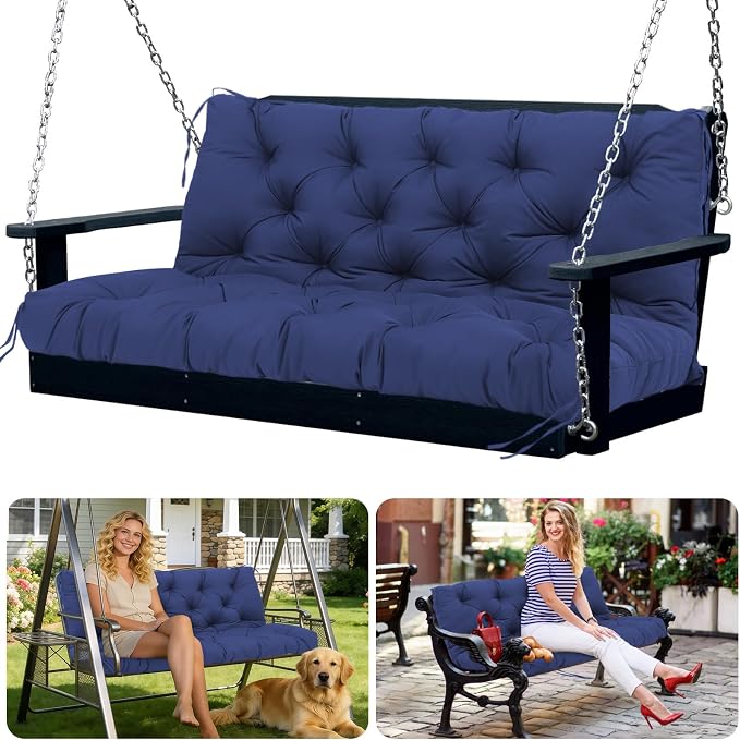 Porch Swing Cushions 2 Seater Replacement Thicken 5" Waterproof & Fade Resistant Swing Cushions for Outdoor Furniture Bench Patio Swing Cushion with Backrest & Ties(Navy Blue 40x40x5inch)