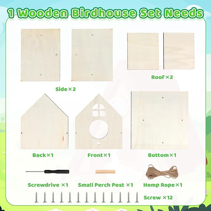 12 Pack Wooden DIY Birdhouse Kit for Kids Adults, Thickened Double-Layer Wood with Screwdrivers, Nails, Ropes, Easy Build & Paint Arts and Crafts Set for Backyard Garden Bird Watching