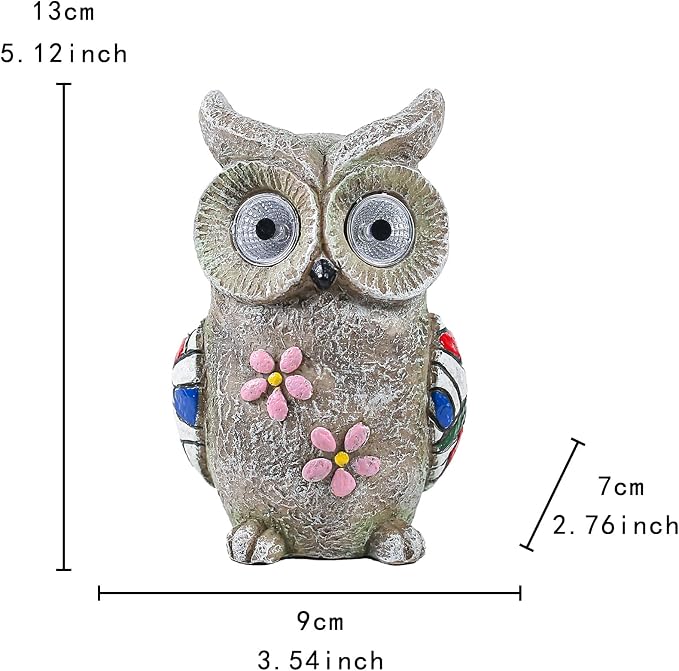 Solar Garden Owl Statue - Decorative Owl Figurine with Solar Powered Eyes, Gray Stone-Look Finish for Outdoor Decor