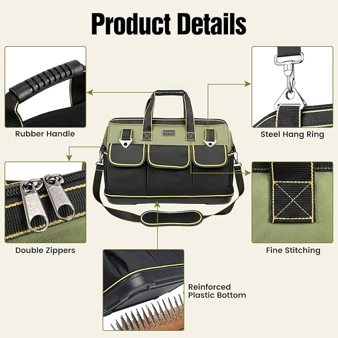 Tool Bag, Ounic 20 Inch Large Tool Tote Bag Heavy Duty With Waterproof Molded Base, Wide Mouth Tool Box Organizer with Adjustable Shoulder Strap for Electrician Mechanic Craftsman Plumbers(Green)