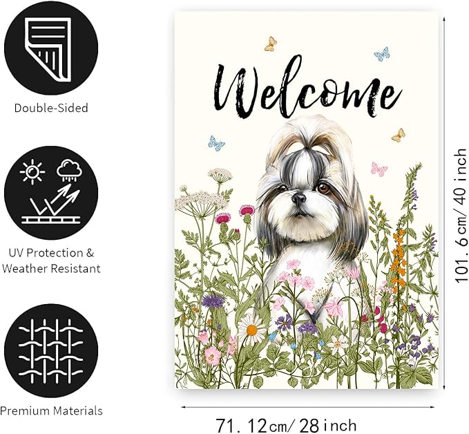 Floral Shih Tzu Garden Flag Spring Summer House Flags 28 x 40 Double Sided Flower Dog Yard Flags for Outside Large Outdoor Welcome Flags