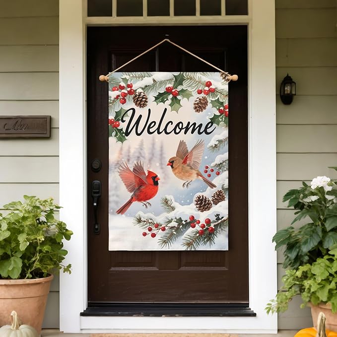 Welcome Winter House Flag 28x40 Inch Cardinal Bird Xmas Holiday Seasonal Theme Decorative Garden Flags for Outside Double Sided Outdoor Home Farmhouse Decoration Porch Yard New Year Decor
