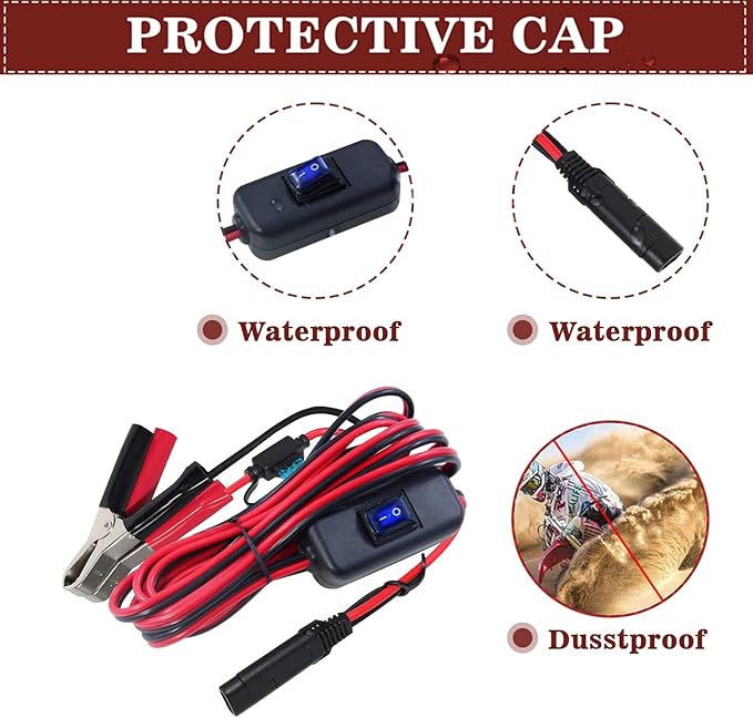 SAE to Battery Alligator Clip - 12V SAE 2Pin Quick Disconnect Cable 10ft SAE to Battery Clamp Cord 15A Fuse (10FT)
