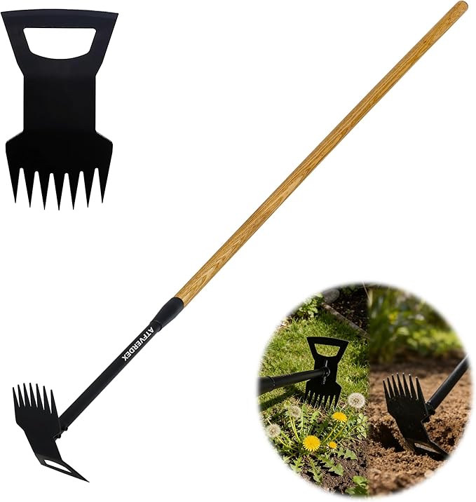 60" Wooden Handle 2 in 1 Uprooting Tool,7-Tine Garden Hoe for Weeding,Weed Remover for Yard,Sidewalks,Driveways,and Areas Around Residential Entrance Fences(7-Tooth Wooden Handle)