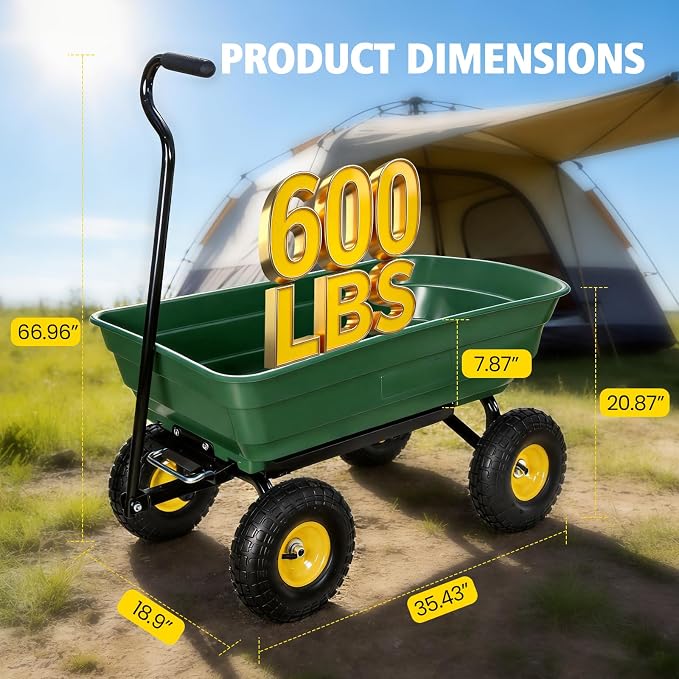 Heavy Duty Garden Dump Cart - 600lbs Load Capacity, 10" All-Terrain Wheels, Quick-Release System, Durable Poly Bed, 180° Rotating Handle, Yard Cart for Landscaping, Farm, and Outdoor Work