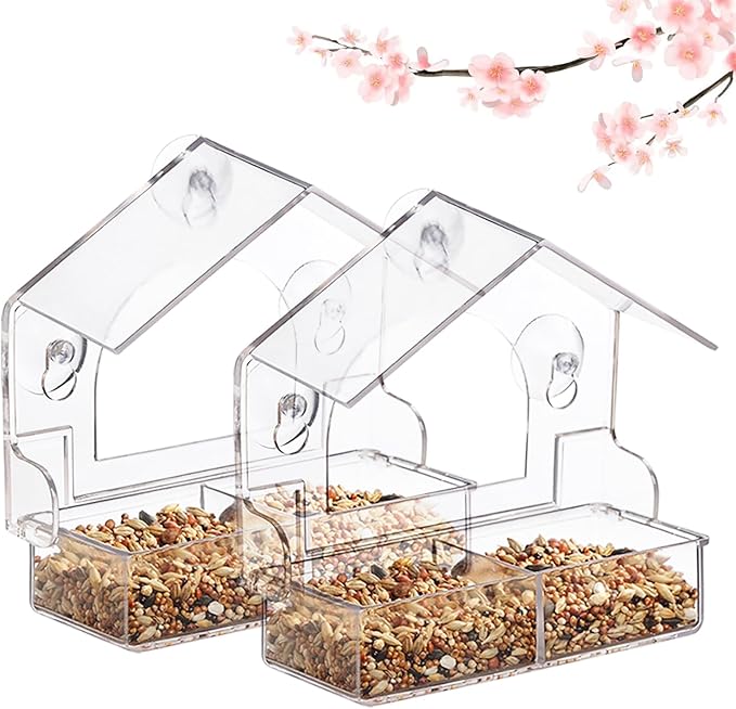 2PCS Window Bird Feeder with 4 Extra Strong Suction Cups, Clear Birdfeeders Bird House for Outdoors Window Viewing Outside, Removable Tray Birdhouse
