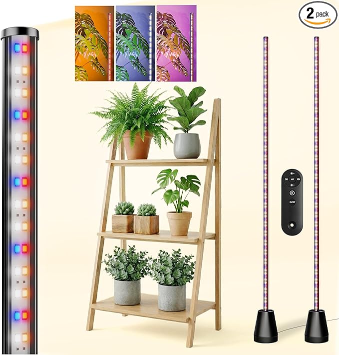 Grow Lights for Indoor Plants with Timer, 2PCS 60 Inch Vertical Grow Light Full Spectrum 384 LEDs 48W with Remote 3/6/12H Auto On/Off 3 Light Modes 5-Level Dimmable Standing Plant Lamp