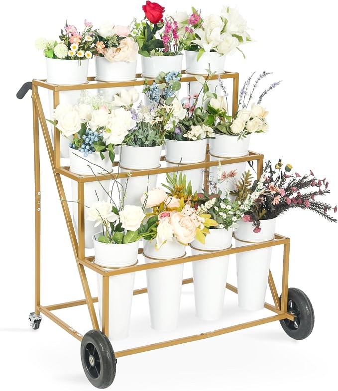 Flower Bar Stand with 12 Iron Buckets - Flower Display Stand with Big Wheels - Hand-Pushed Moving Flower Cart for Garden and Wedding - 3 Layers Gold Florist Bouquet Holder