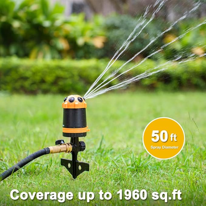 FANHAO Gear Drive Lawn Sprinkler with Metal Spike Base, 6-Pattern Heavy Duty Water Sprinkler System, Multi-Adjustable Irrigation Sprinkler for Large Yard Area Watering, Garden Plant and Flower Bed