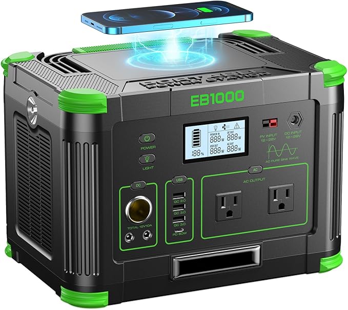 999Wh Solar Generator 1000W (Peak 2000W), Portable Power Station with Pure Sine Wave AC Outlet, 60W USB-C PD Fast Charging, 10-Port Hub for RV Camping, Home Backup, Emergency & Off-Grid Living