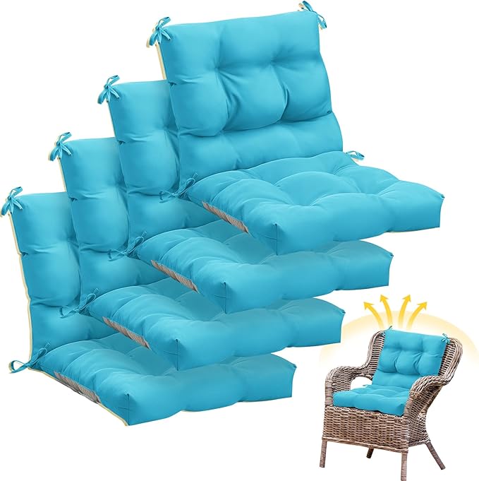 Marsui 4 Pcs Outdoor Indoor High Back Chair Cushions Patio Furniture Tufted Pillow with Ties Water-Resistant Replacement Outdoor Rocking Chair Cushions, 42 x 21 Inches (Lake Blue,Solid Color)
