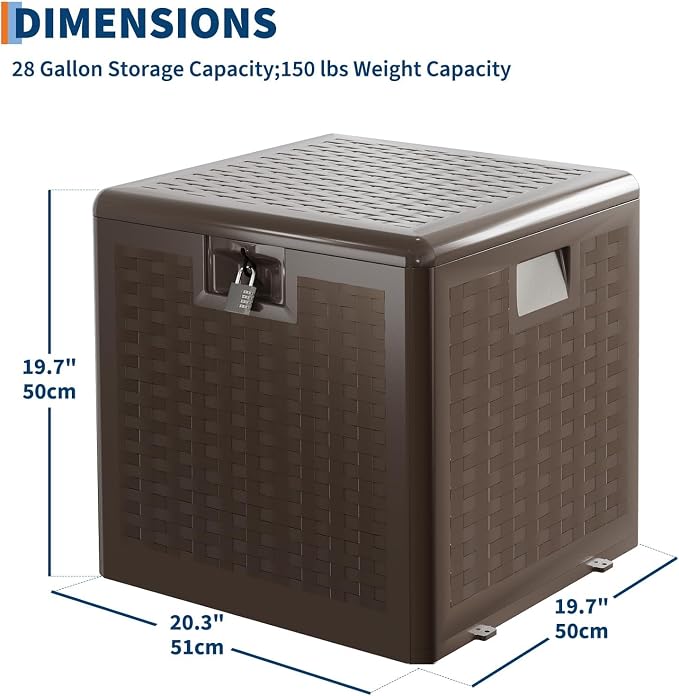 28 Gallon Outdoor Storage Box, Large Resin Deck Box with Lockable Lid & UV Resistant, All-Weather Deck Box for Patio Furniture, Pool Accessories, Gardening Tools, Brown